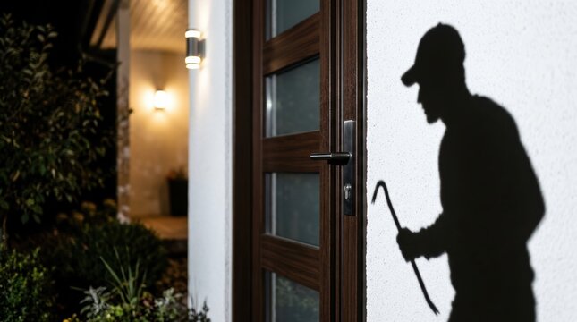 A shadow of a person holding a crowbar is cast on a wall next to a modern wooden door at night, suggesting a possible break-in or burglary attempt.