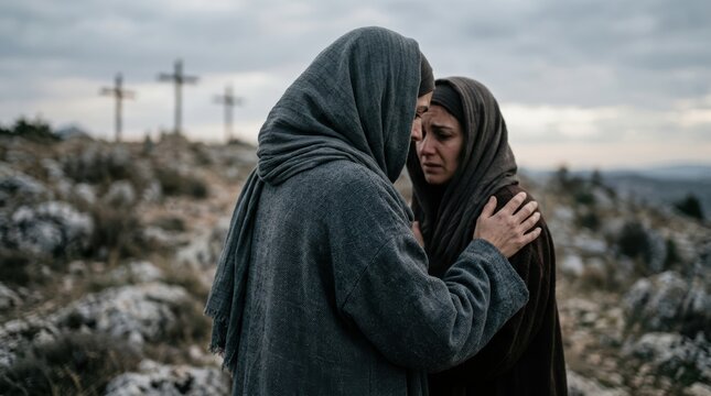 Two people in dark robes embrace solemnly on a rocky hill with three crosses in the background under a cloudy sky.