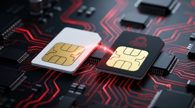 Two SIM cards, one white and one black, placed on a circuit board with red digital lines and electronic components.