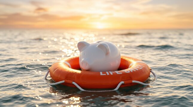 A white piggy bank floats on an orange life buoy in open water during a glowing sunset.
