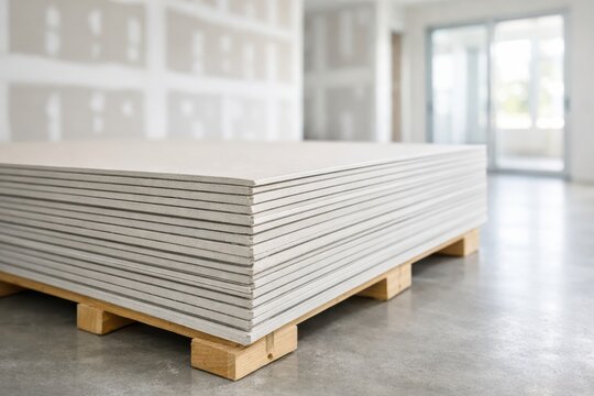 A stack of drywall sheets neatly arranged on a wooden pallet in a bright, unfinished room.