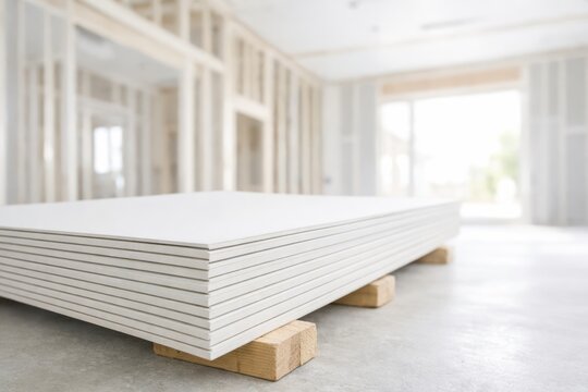 A stack of drywall sheets resting on wooden supports in an unfinished room under construction with exposed wooden framing.