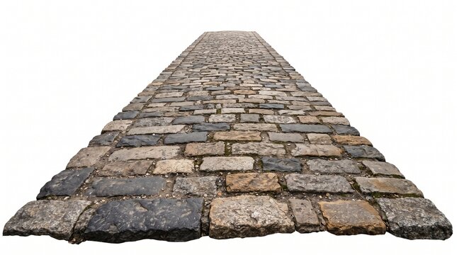 Rustic textured cobblestone walkway leading into perspective on isolated white