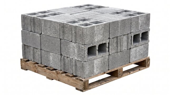 Stack of grey concrete cinder blocks sitting on a wooden pallet with building