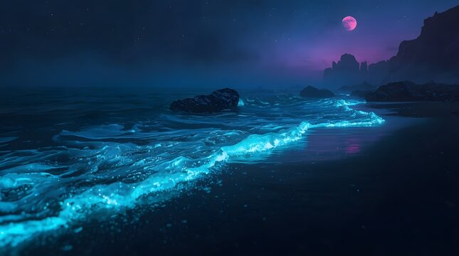 Glowing Alien Ocean Tide Mysterious Shore