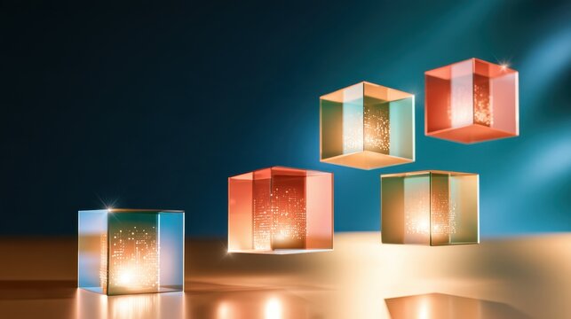 Floating glass cubes with internal glowing orange circuitry and geometric patterns on dark blue background, abstract digital data representation