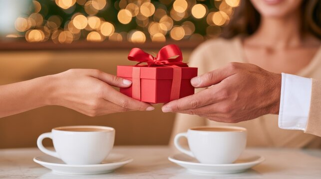 Close up of two hands exchanging small red gift box with ribbon over coffee cups against bokeh lights, holiday gift exchange