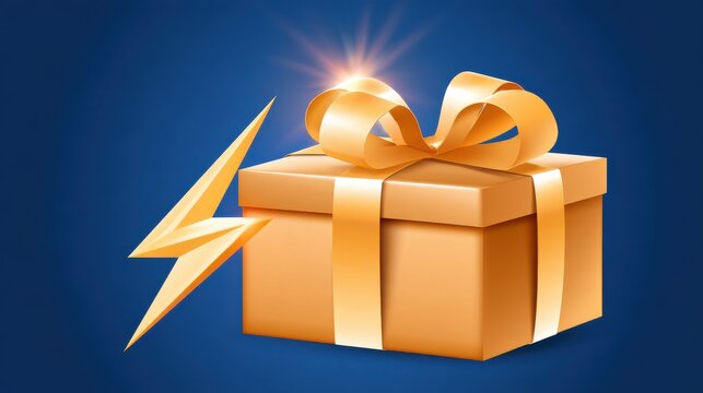 Golden gift box with ribbon bow and lightning bolt symbol on blue background representing flash sale concept