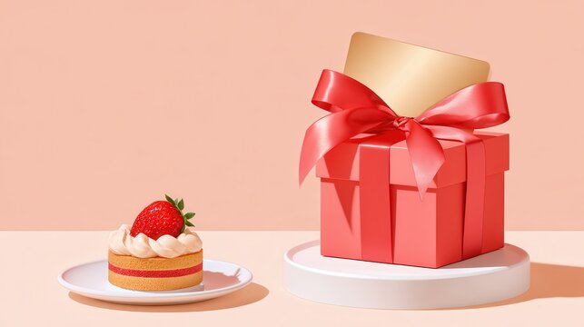 Still life composition with red gift box tied with satin ribbon, gold blank card and strawberry cake on white plate, birthday celebration