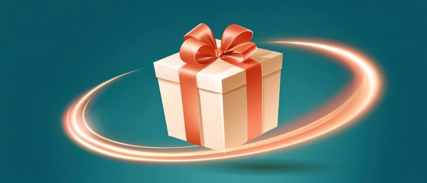 White gift box with orange ribbon and bow surrounded by glowing curved light trail on teal background, gift concept