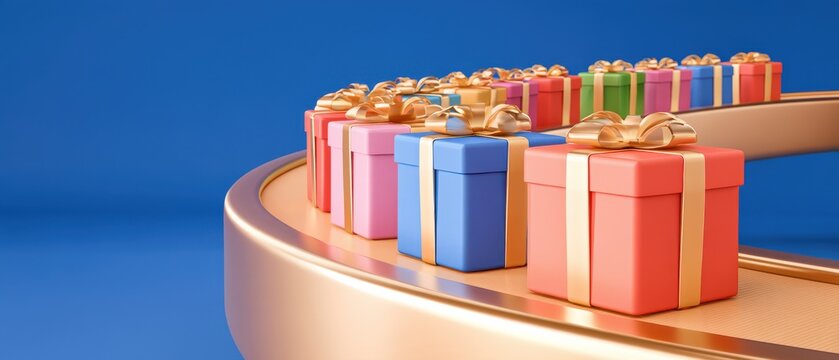 Golden conveyor belt carrying row of colorful gift boxes with glossy finish and gold ribbons, holiday celebration concept