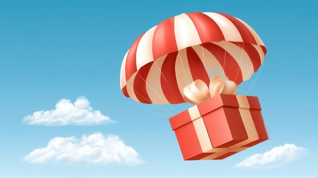 Red gift box with beige ribbon drifting down under striped red and white parachute against blue sky with clouds, special offer delivery concept