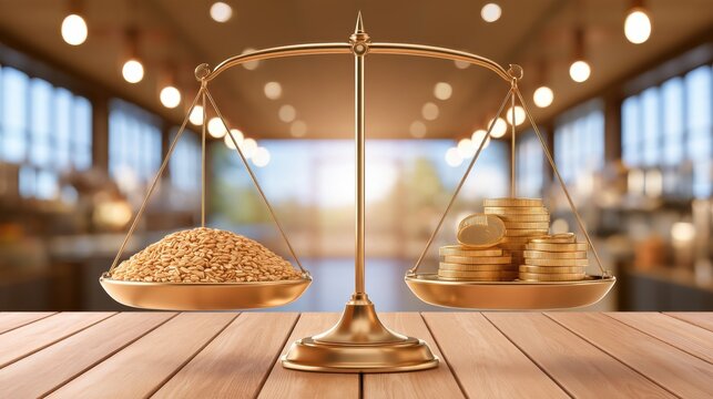 Object still life scene, gold balance scale weighing grain and coins on wooden table with blurred restaurant interior background
