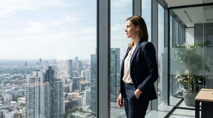 Plakat Businesswoman looking out of office window at city skyline