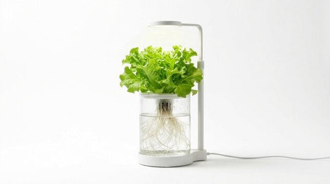 Small herb sprout in clear jar with roots in water, home grown greens on white