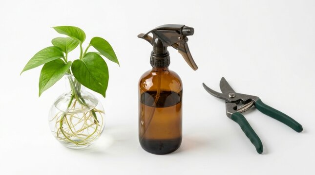 Green plant stem in glass vessel with scissors and mister, indoor gardening