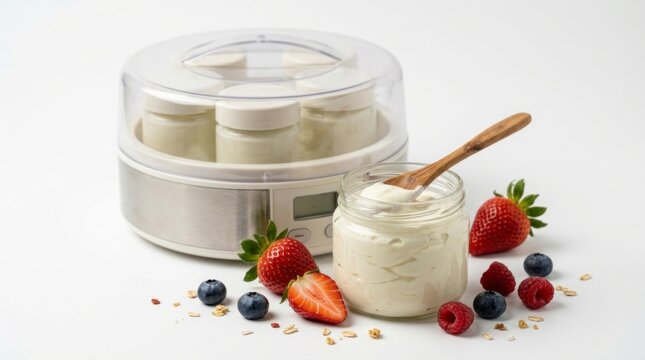 Probiotic yoghurt maker set with milk and fresh fruit, kitchen appliance