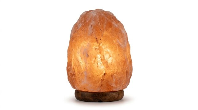 Natural pink salt rock lamp with warm orange glow on white