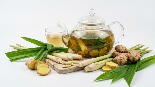 Herbal tea in glass teapot with lemongrass, ginger and green leaves on white background