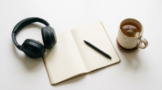 Over ear headphones and journal with espresso cup, minimalist desk top view
