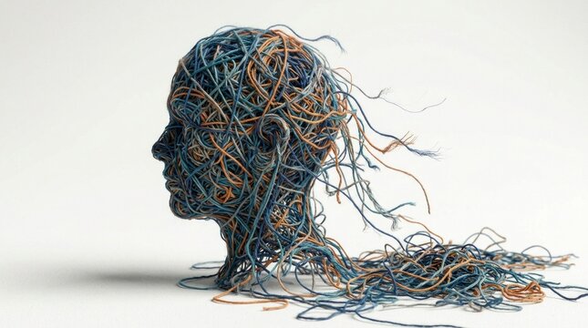 Sculpture of head silhouette formed by cables and wires on white background