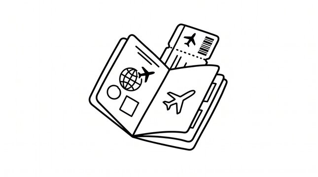 Open passport with boarding pass and airplane icons on white background