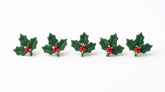 Five handmade clay holly leaf sprigs with red berries arranged in a row on white background