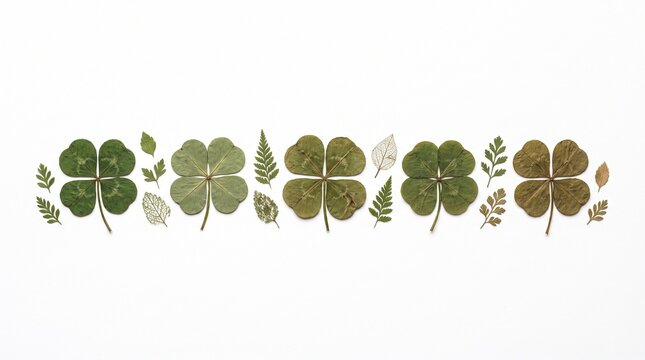Pressed four leaf clovers and dried fern leaves arranged in a horizontal line on white background