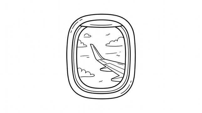 Airplane window view showing aircraft wing and clouds in a simple black and white sketch