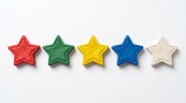 Five colorful clay star ornaments arranged in a row on a clean white studio background