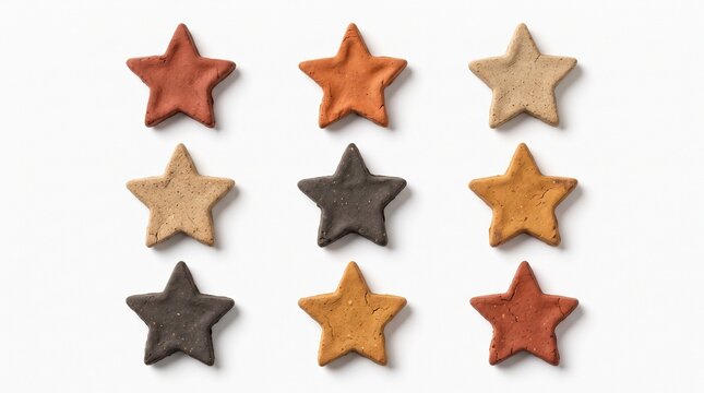 Handmade clay star ornaments for christmas and thanksgiving arranged in a neat grid on white