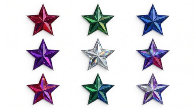 Set of nine colorful prismatic glass star icons arranged in grid isolated on white background for holiday festive decoration