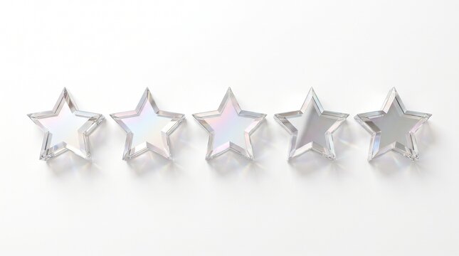 Five glass mirror stars arranged in a horizontal row on a clean white background for holiday festive rating concepts