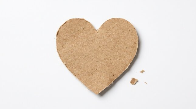 Brown cardboard heart shape cutout with rough edges isolated on white background for romantic greeting card or craft project