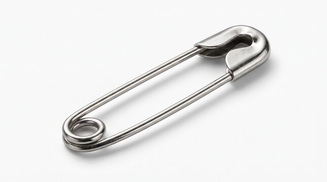 Single silver safety pin isolated on white background showing metallic texture and sharp point for sewing and craft projects