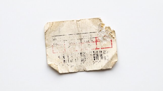 Torn paper shipping label with barcode and red markings on beige background