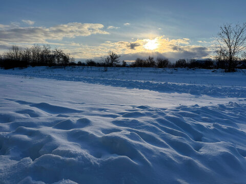 Snowy winter landscape in early frosty morning