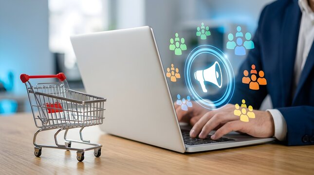 Shopping cart and laptop with social media icons on desk