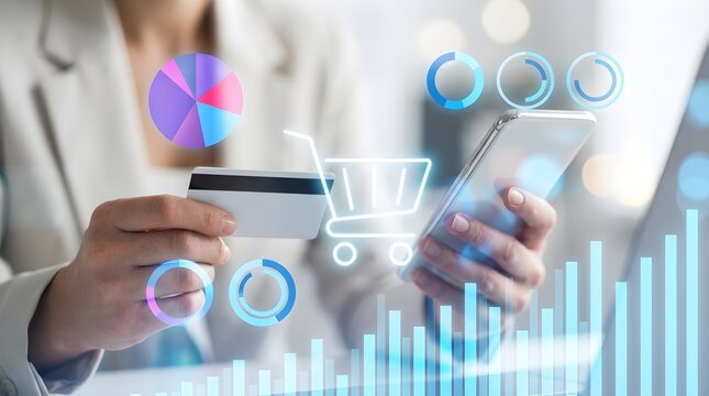 Business person holding credit card and smartphone with digital shopping cart interface overlay
