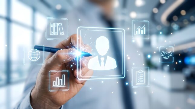Professional using digital stylus interacting with virtual human resources management interface icons