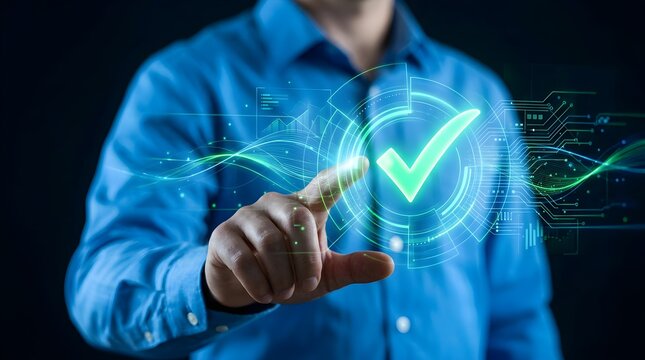 Businessman touching glowing green check mark hologram on dark blue background interface