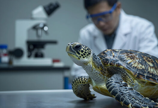 marine conservation and wildlife research, sea turtle undergoing medical examination by a veterinarian in a laboratory setting with microscope