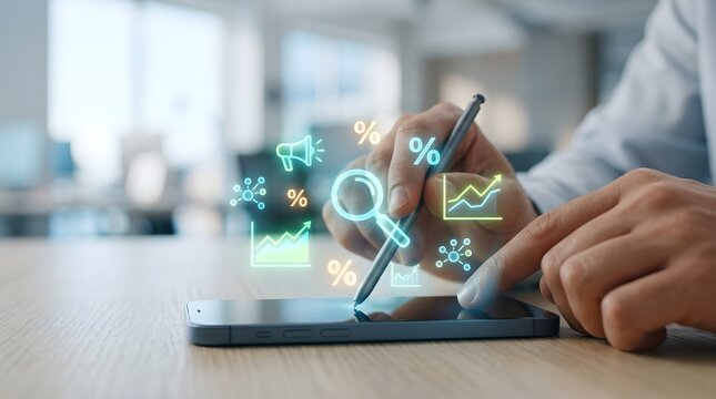 Person using stylus on smartphone with holographic business marketing icons on desk