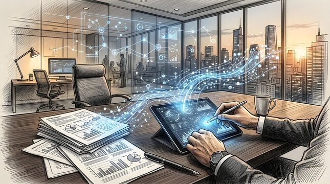 Executive using digital tablet for data analysis in modern office with city view