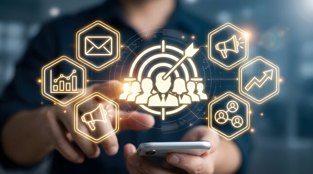 Person touching digital marketing target icon with business icons on dark background