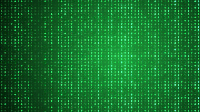 Green Binary Code Matrix Background with Glowing Zeros and Ones, Digital Data Concept