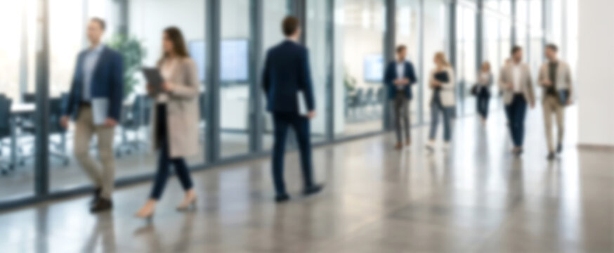 A blurred view of business professionals walking through a sophisticated glass-walled office corridor, motion blur creating a sense of movement, productivity, and a busy corporate work environment.