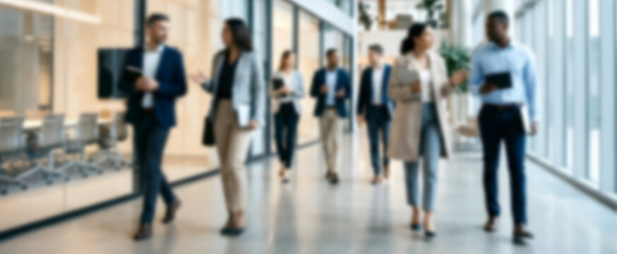 A blurred view of business professionals walking through a sophisticated glass-walled office corridor, motion blur creating a sense of movement, productivity, and a busy corporate work environment.
