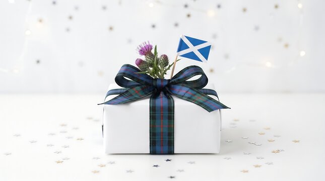Scottish holiday gift box with tartan ribbon bow, Saint Andrews day present decorated with Scotland flag and thistle