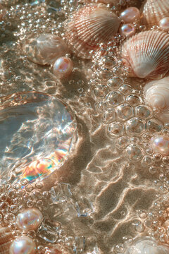 Perlmuttfarbene Muscheln und Seifenblasen im Wasser in Rosa und Gold